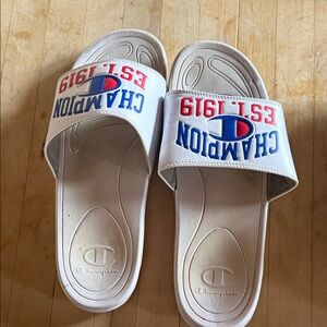 Champion White and Blue Slide Sandals